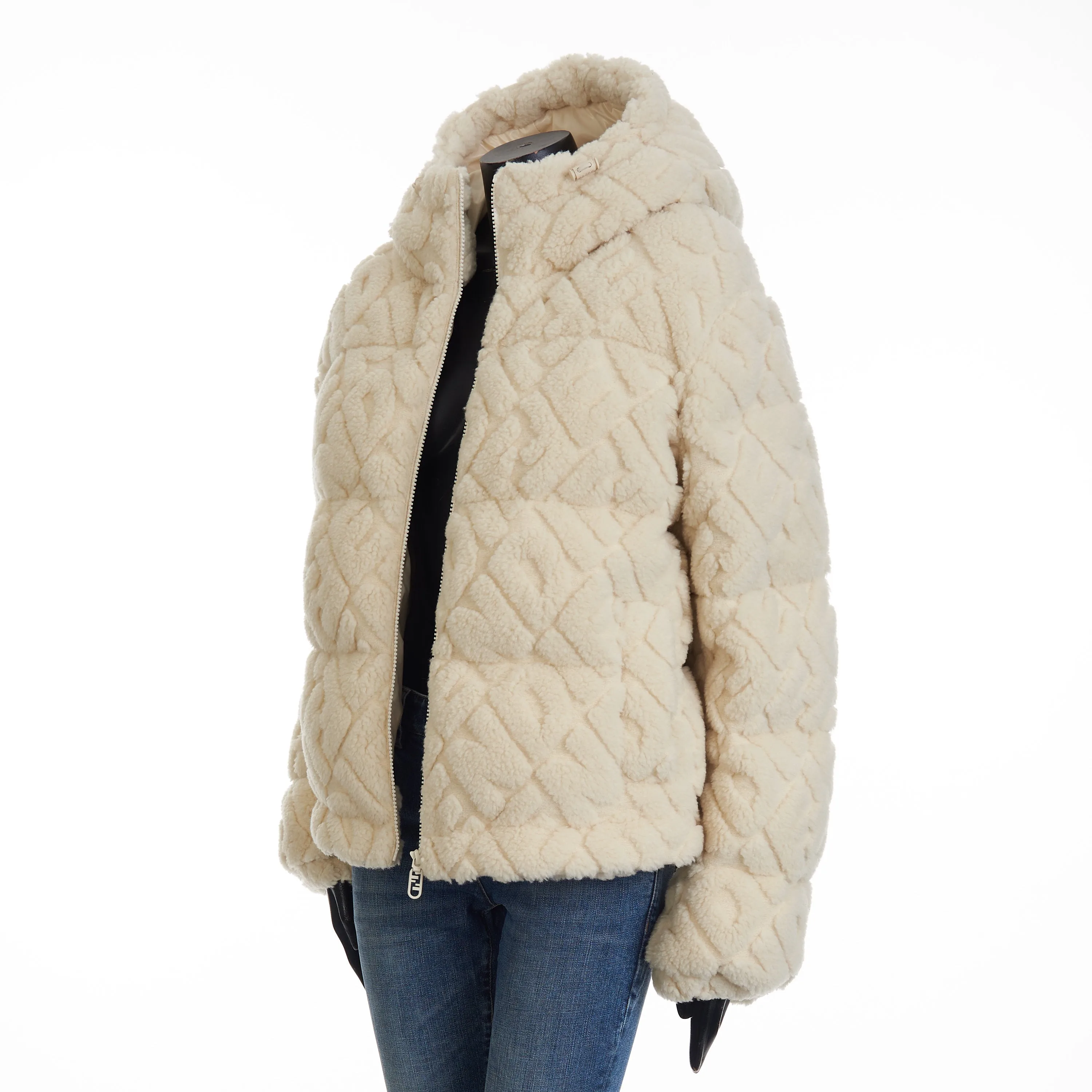 Short Blouson Jacket - White Wool, FF Motif, Drawstring