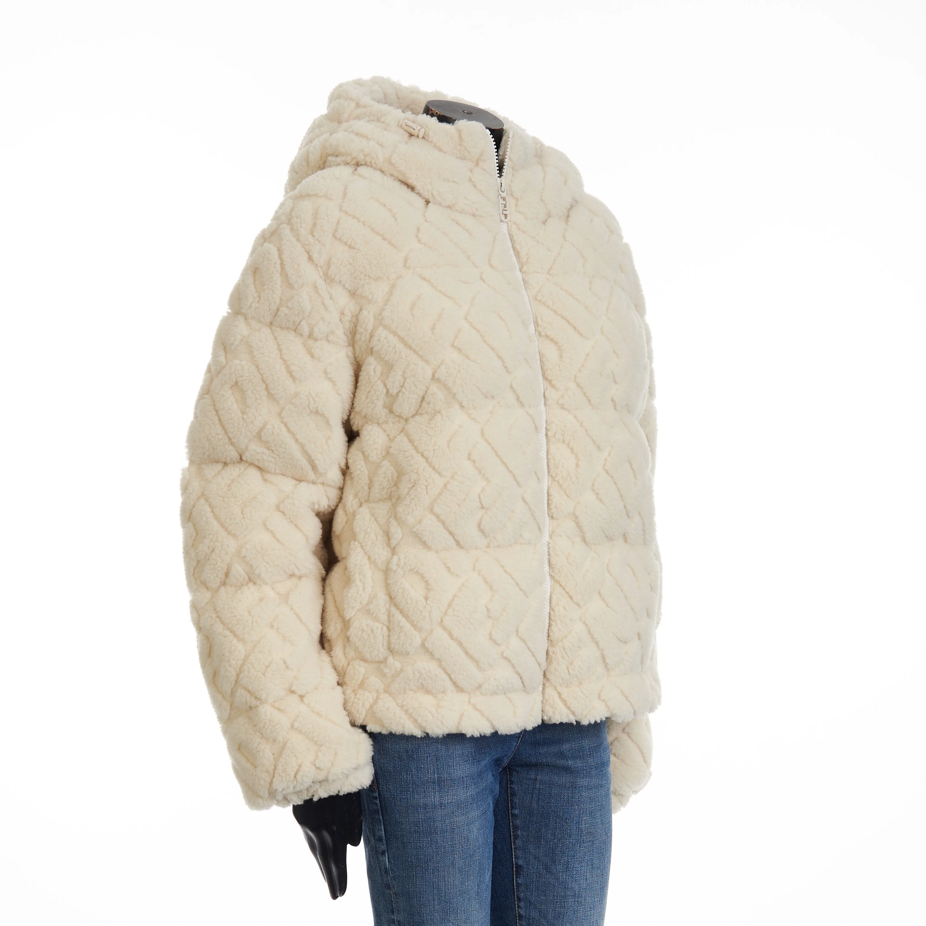 Short Blouson Jacket - White Wool, FF Motif, Drawstring