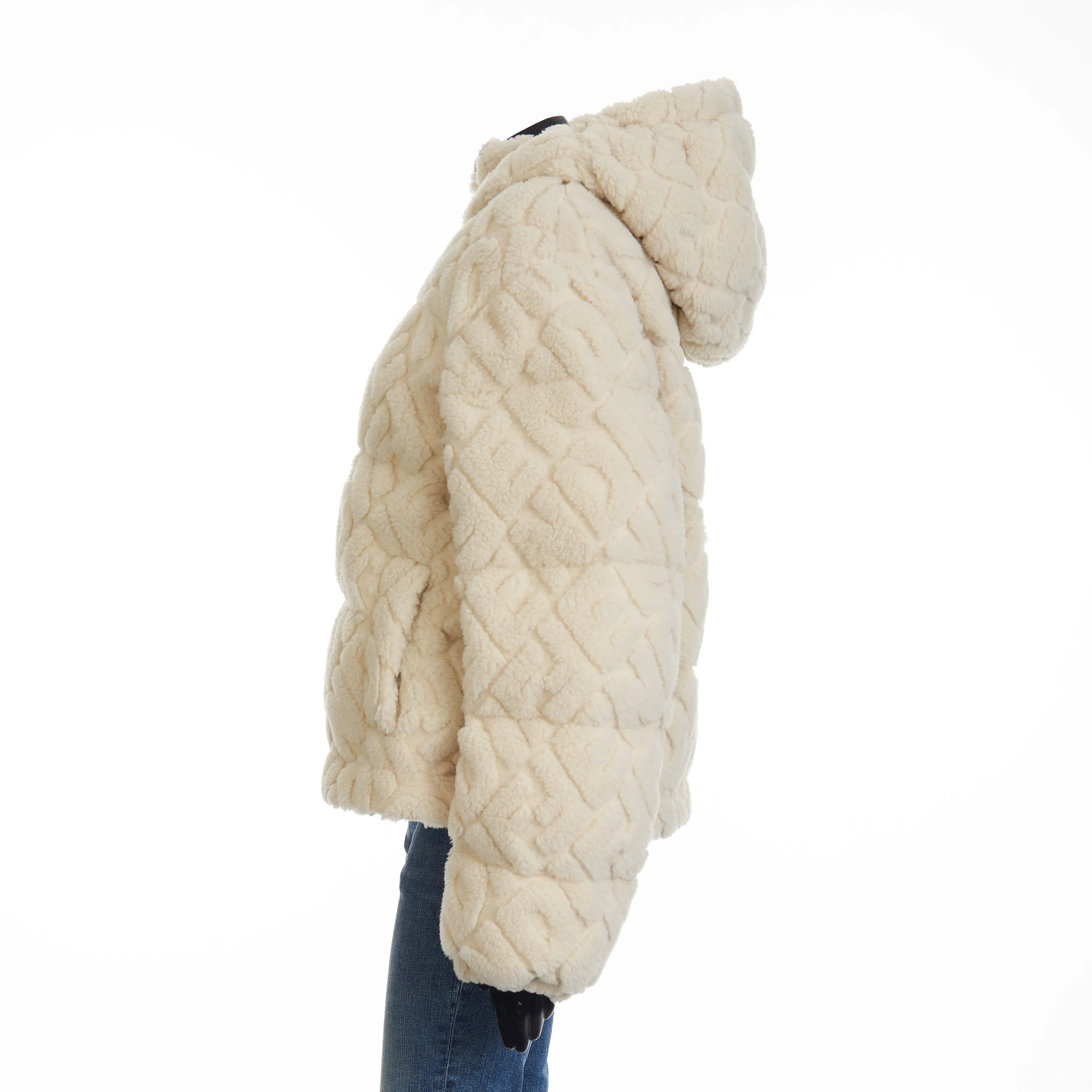 Short Blouson Jacket - White Wool, FF Motif, Drawstring