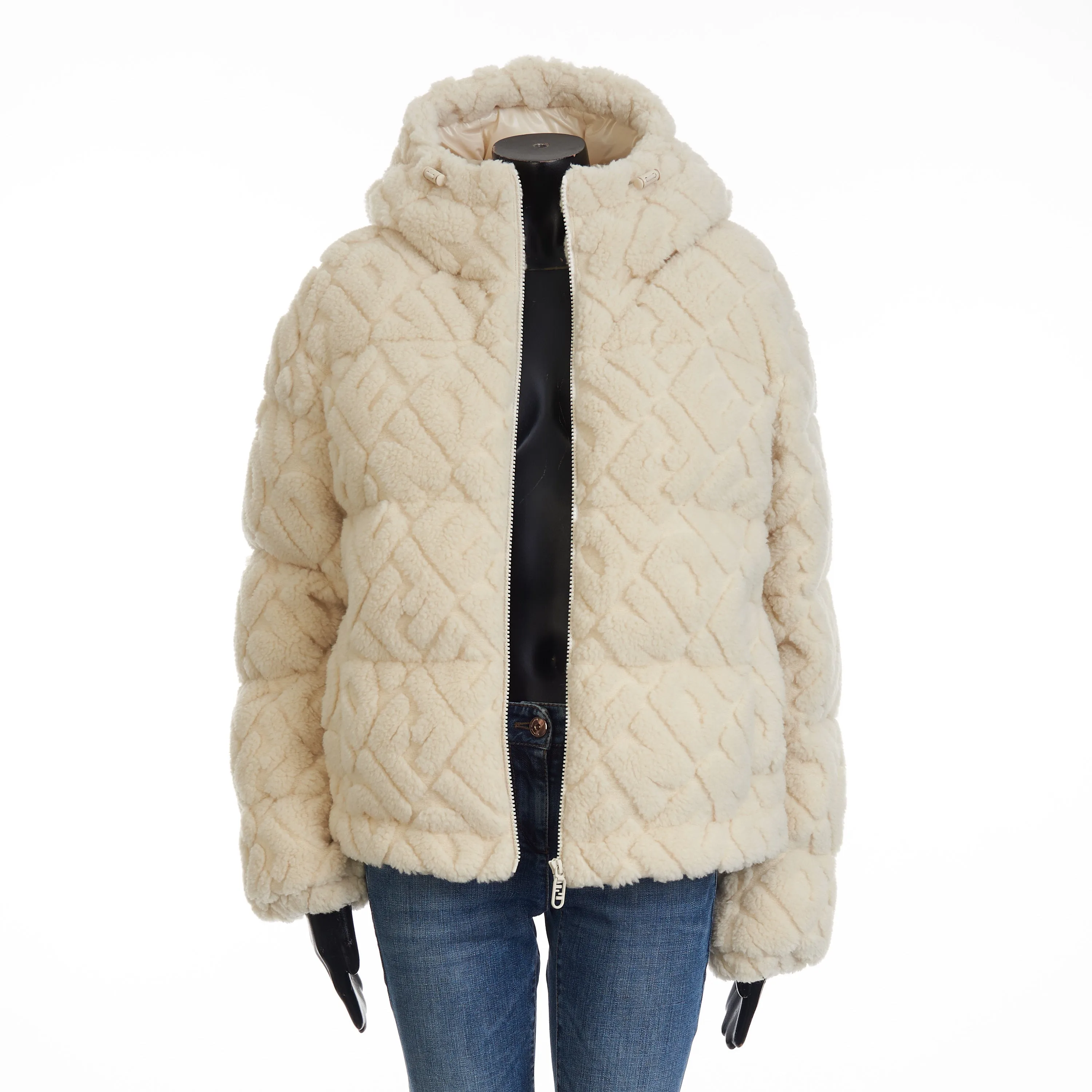 Short Blouson Jacket - White Wool, FF Motif, Drawstring