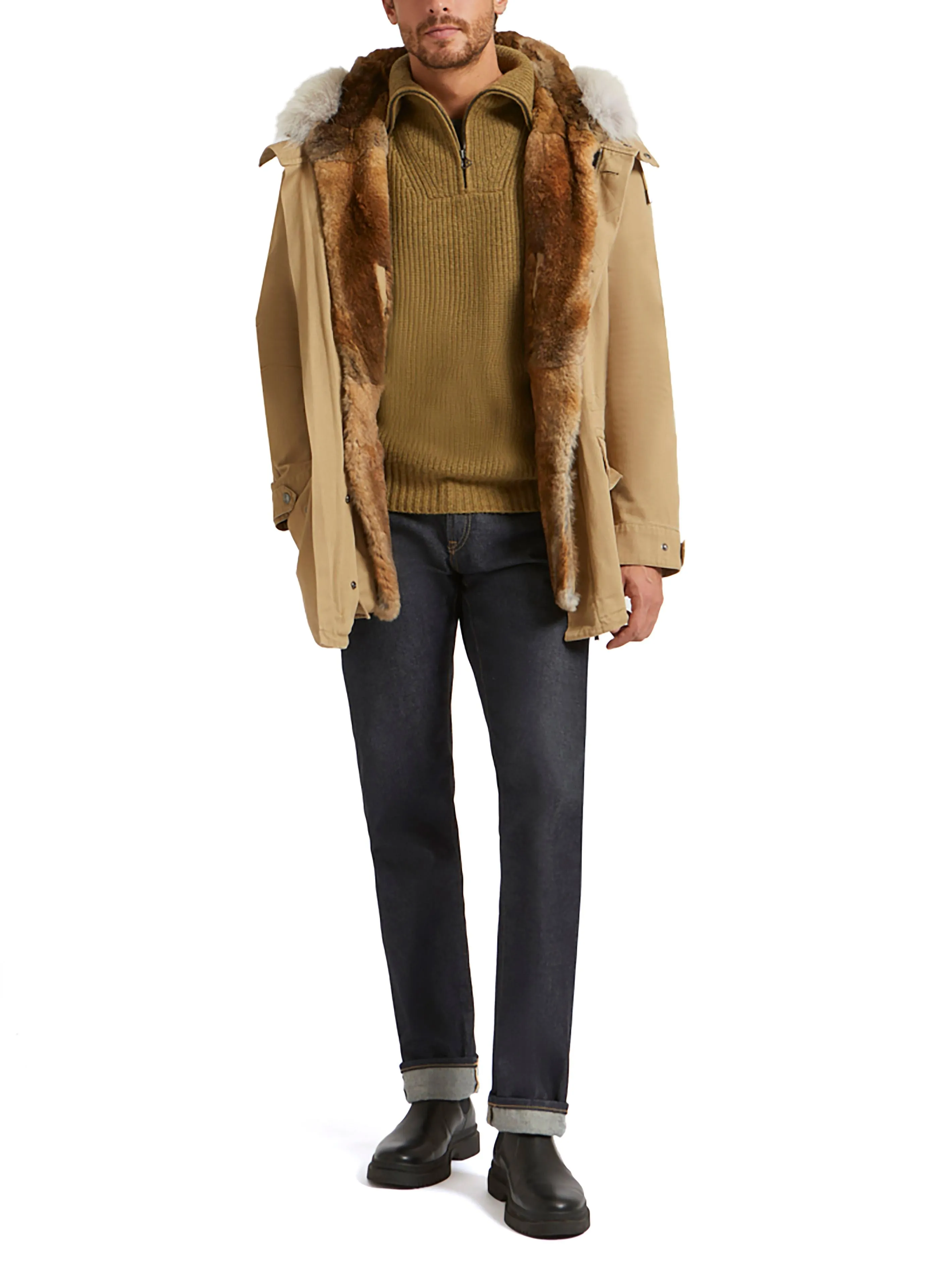 Short Iconic Parka In Cotton Gabardine And Coyote Fur