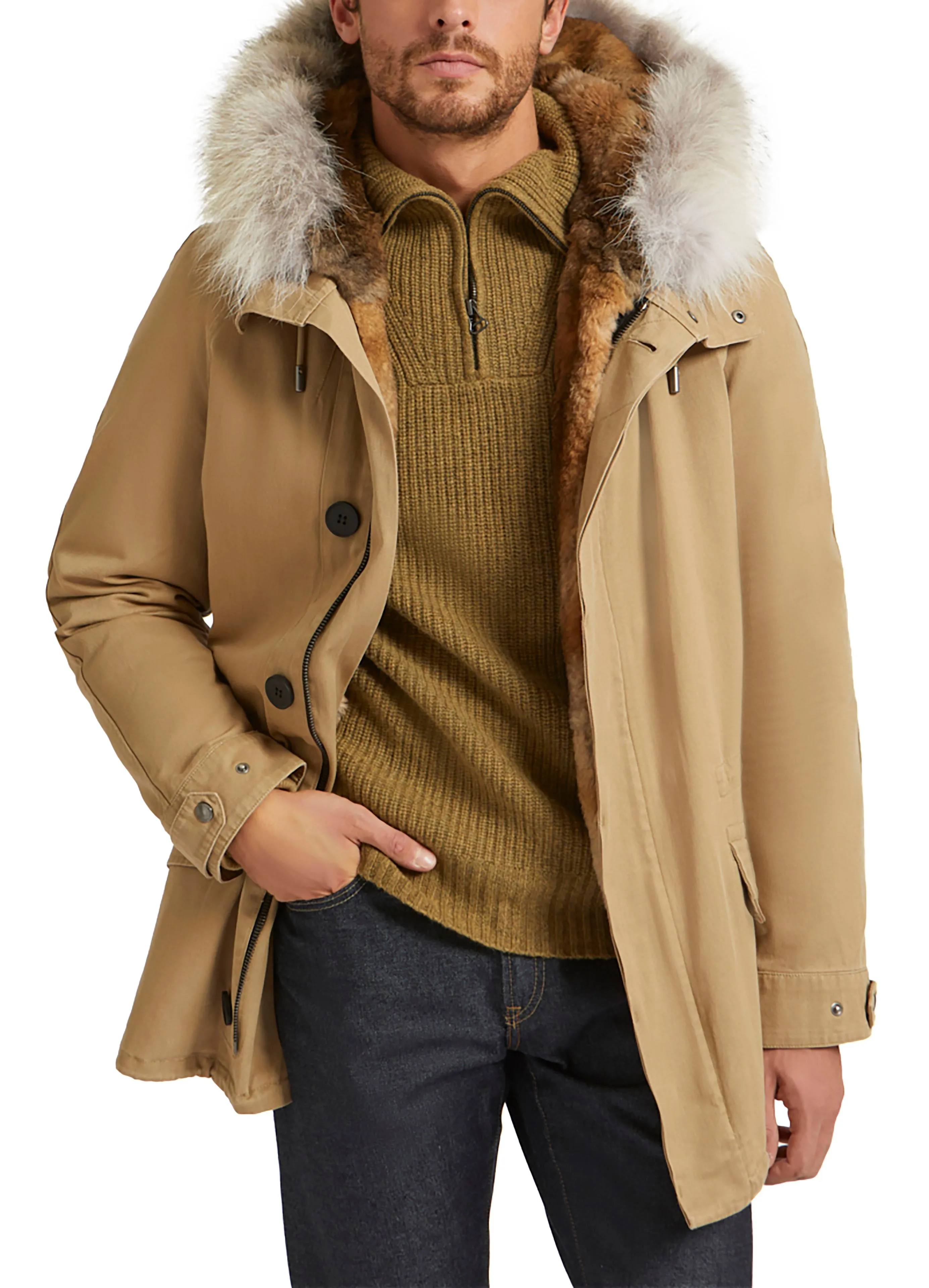 Short Iconic Parka In Cotton Gabardine And Coyote Fur