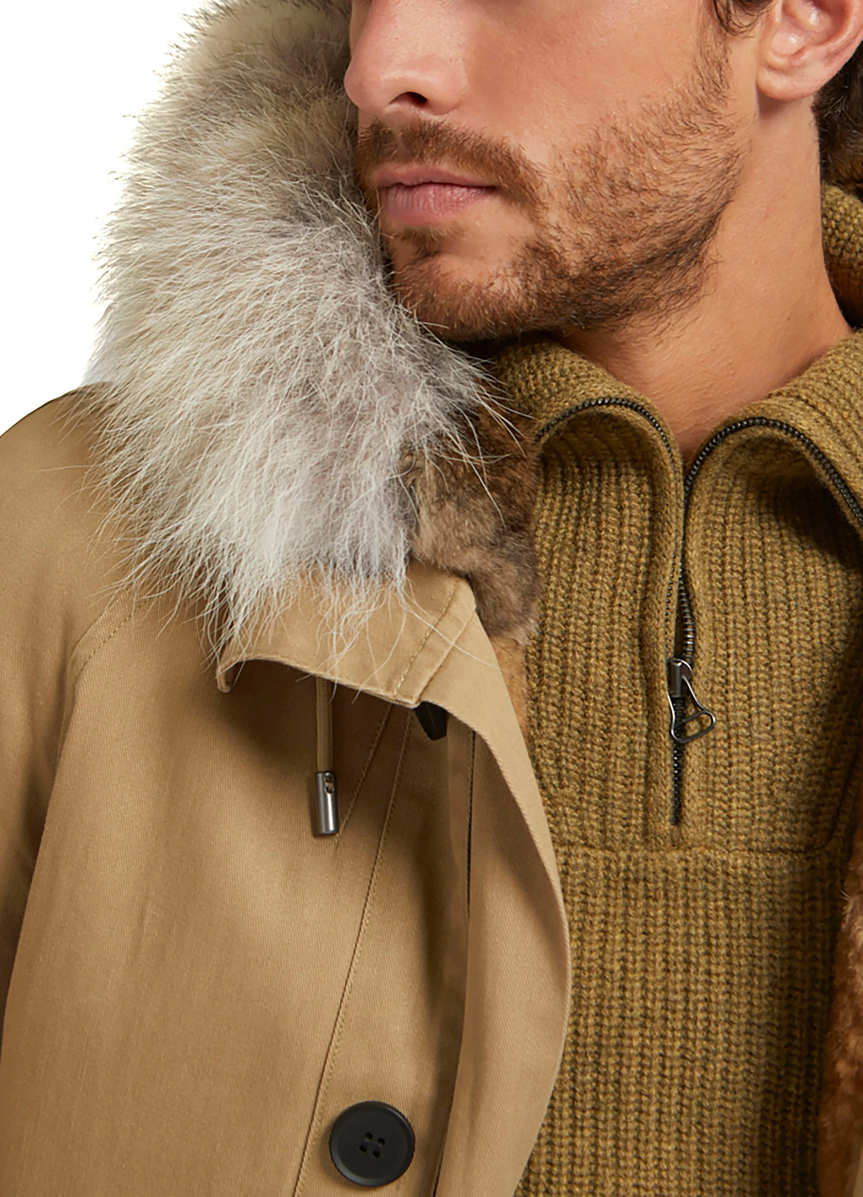 Short Iconic Parka In Cotton Gabardine And Coyote Fur