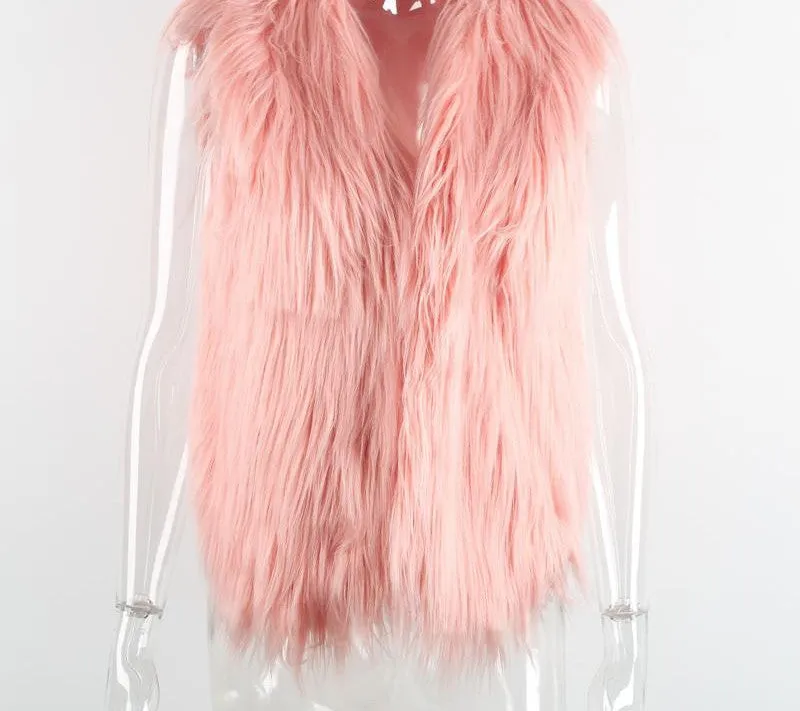 Simplee Casual fluffy pink elegant faux fur vest women jacket coat Soft warm sleeveless outwear black parkas