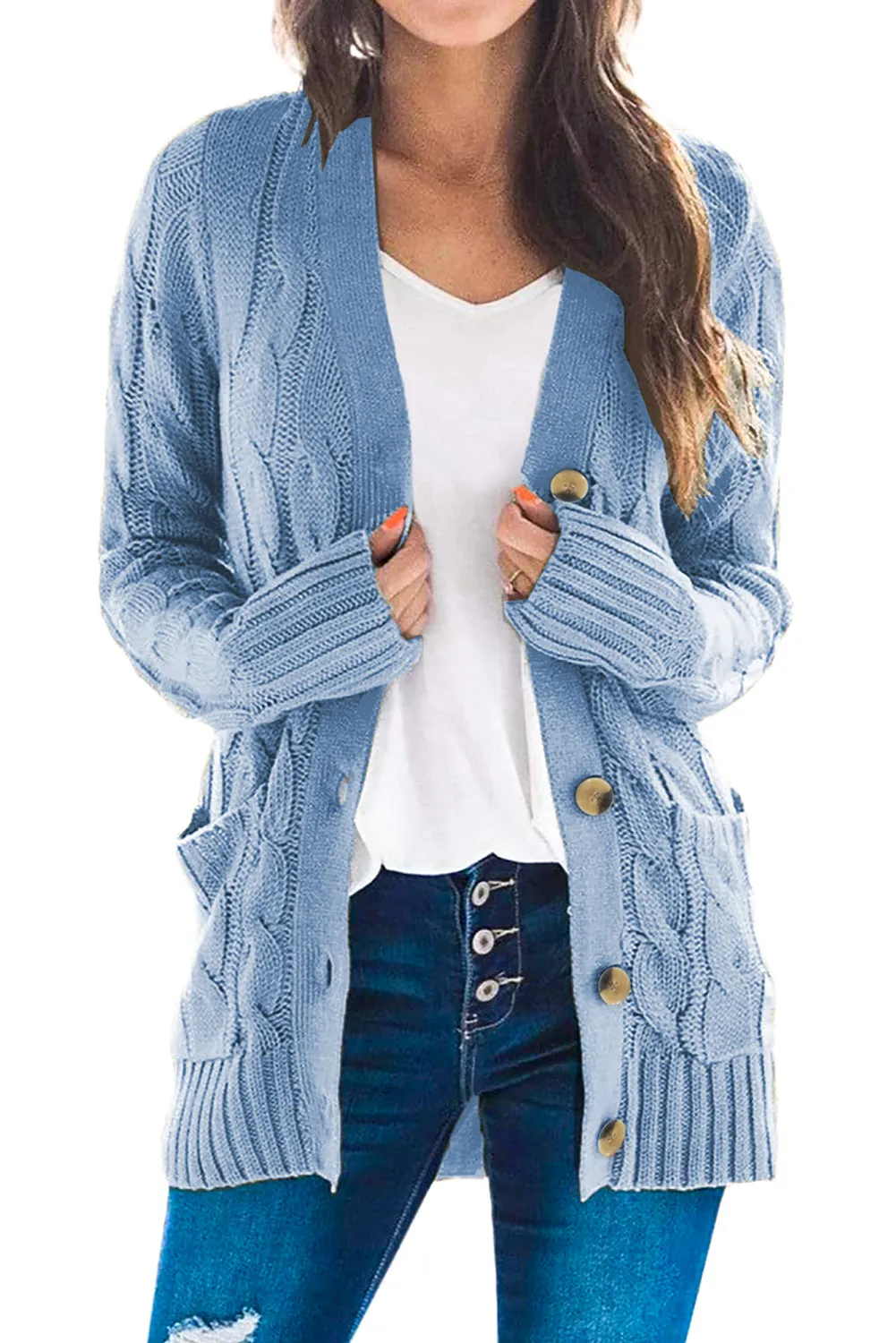 Sky Blue Button Pocket Knit Cardigan