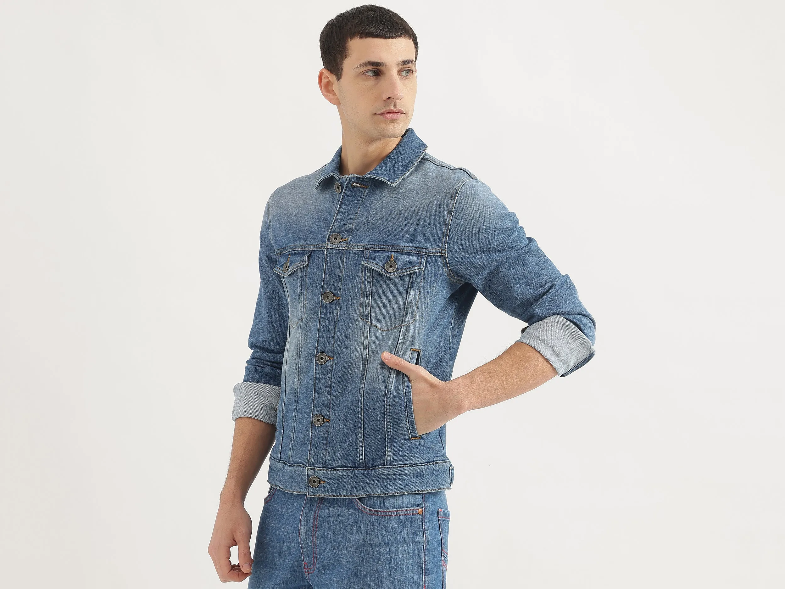 Slim Fit Spread Collar Solid Denim Jacket