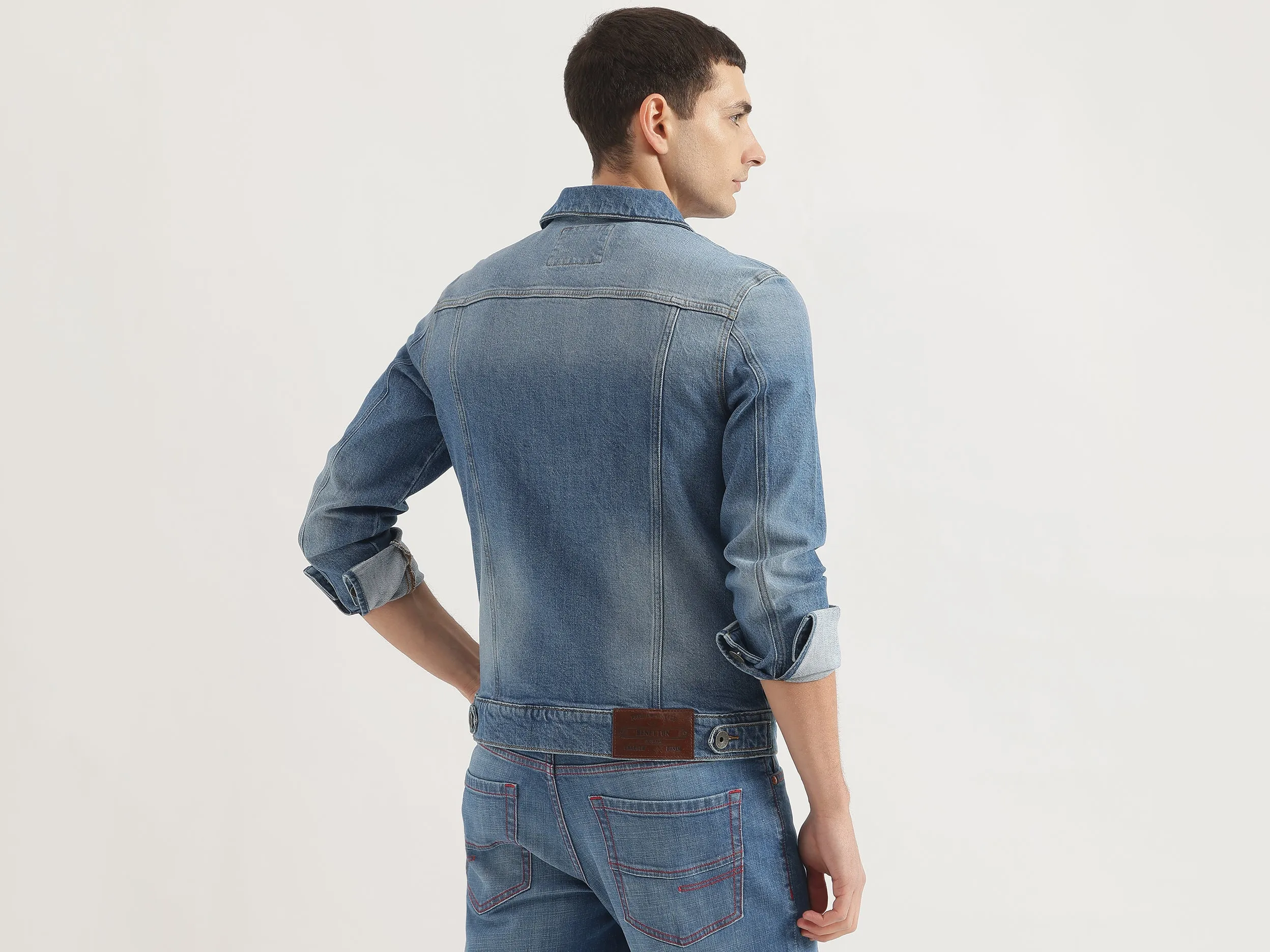 Slim Fit Spread Collar Solid Denim Jacket