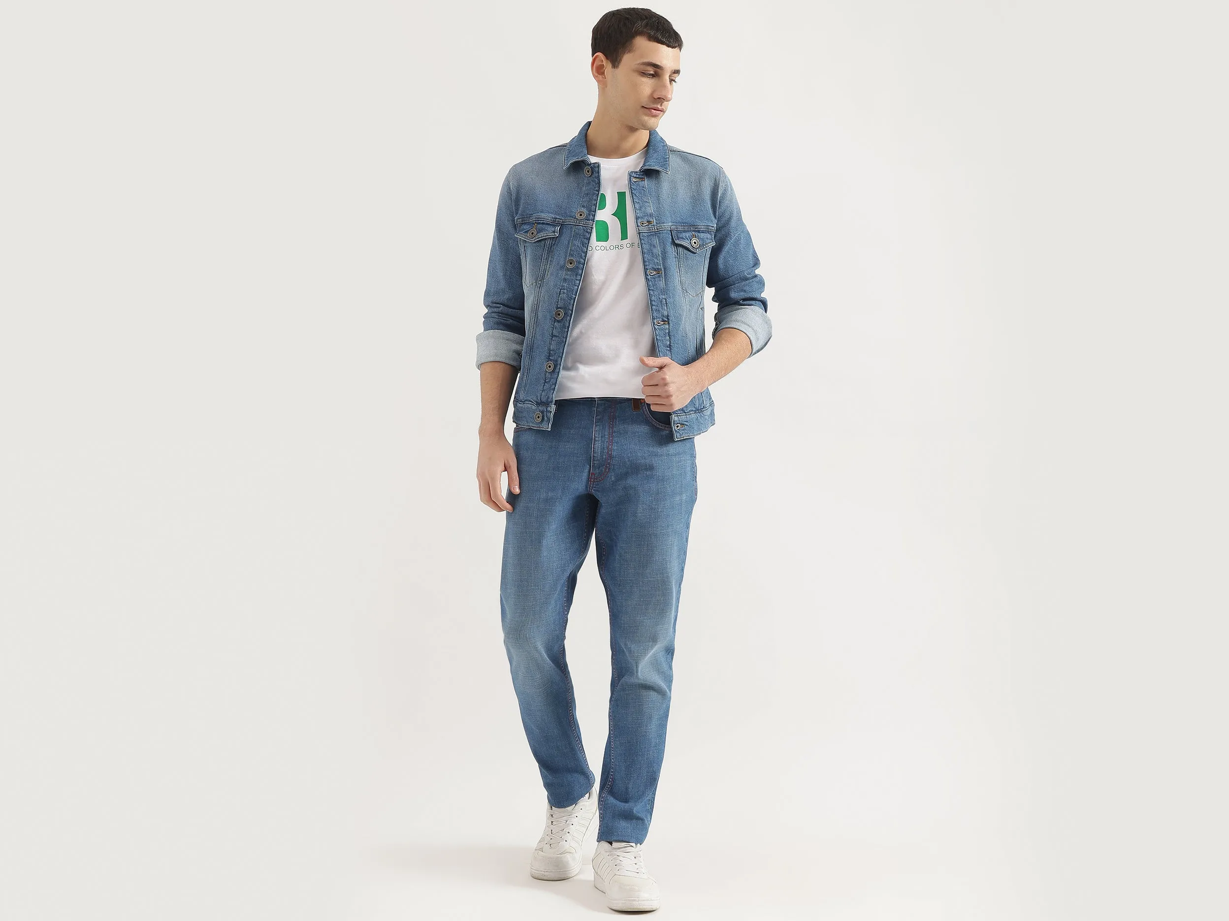Slim Fit Spread Collar Solid Denim Jacket