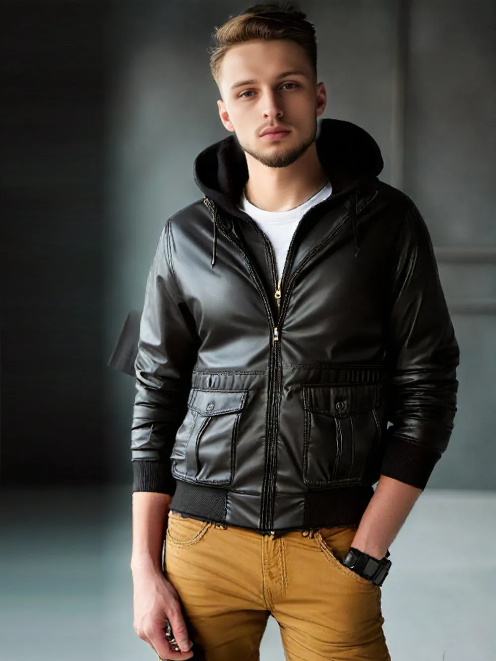 Snap Flap Pocket Bomber Leather Jackets for Men