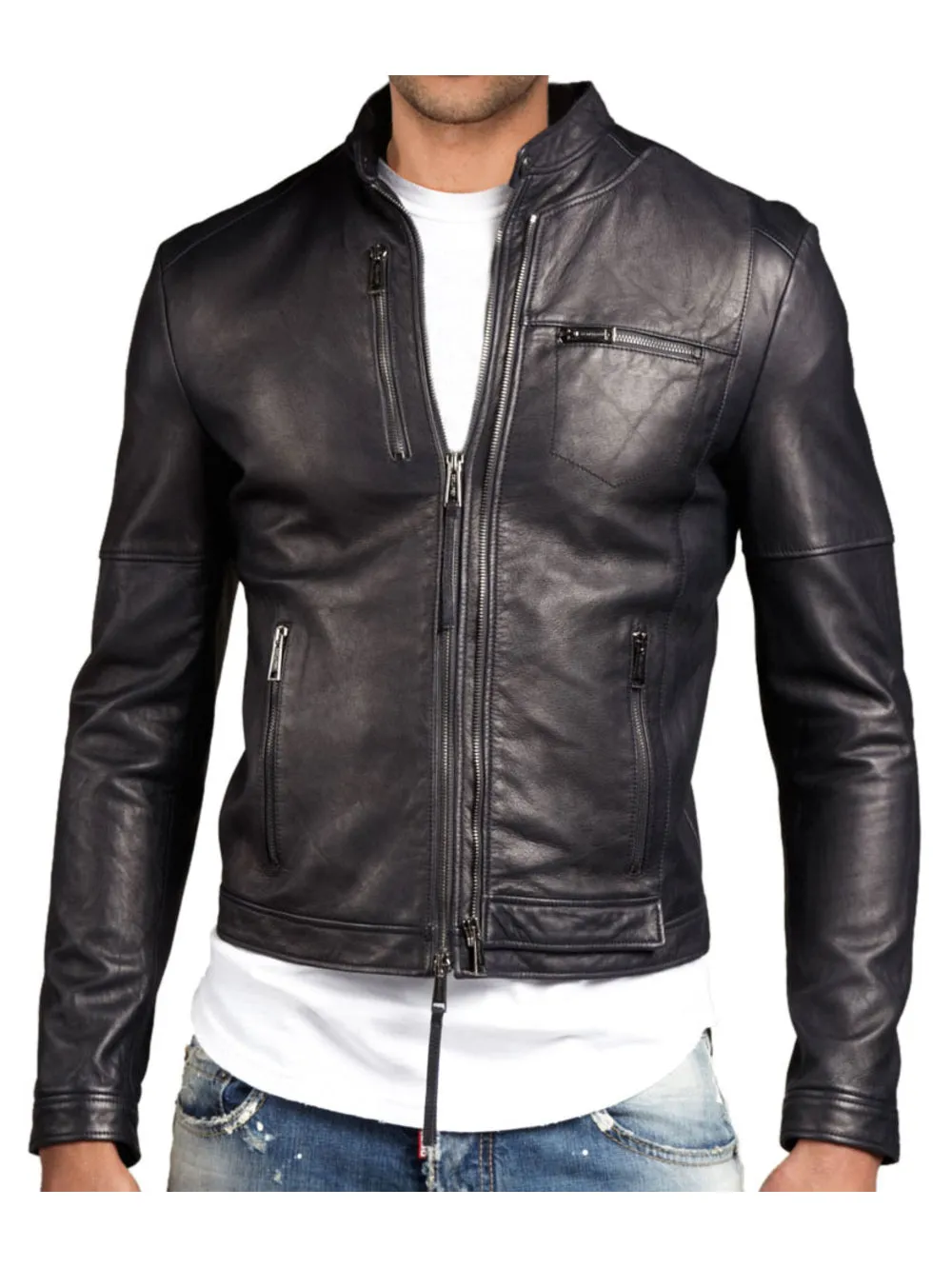 Snap Tab Leather Bomber Leather Jackets for Men