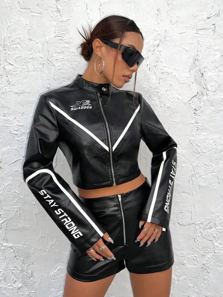 Stay Strong Cropped PU Leather Jacket