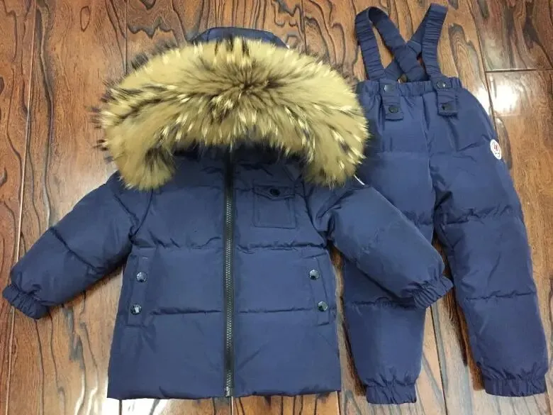 Super Warm Toddler Snowsuit Jacket with Fur and Overalls for Girls Boys