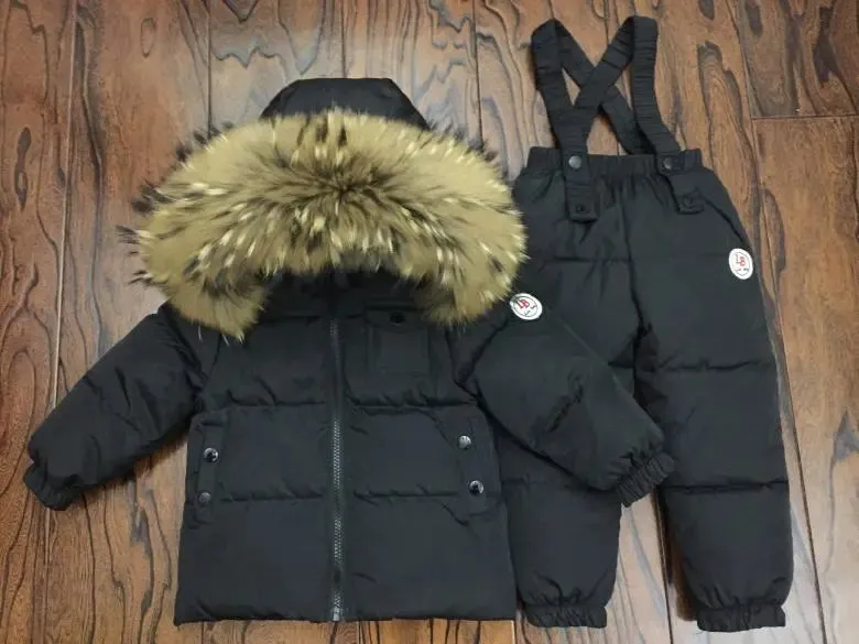 Super Warm Toddler Snowsuit Jacket with Fur and Overalls for Girls Boys