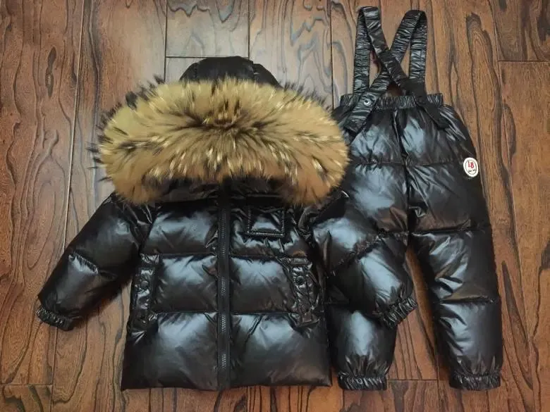 Super Warm Toddler Snowsuit Jacket with Fur and Overalls for Girls Boys
