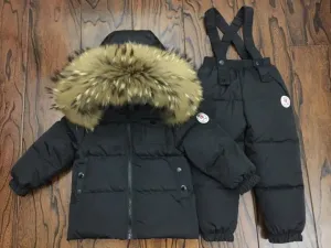 Super Warm Toddler Snowsuit Jacket with Fur and Overalls for Girls Boys