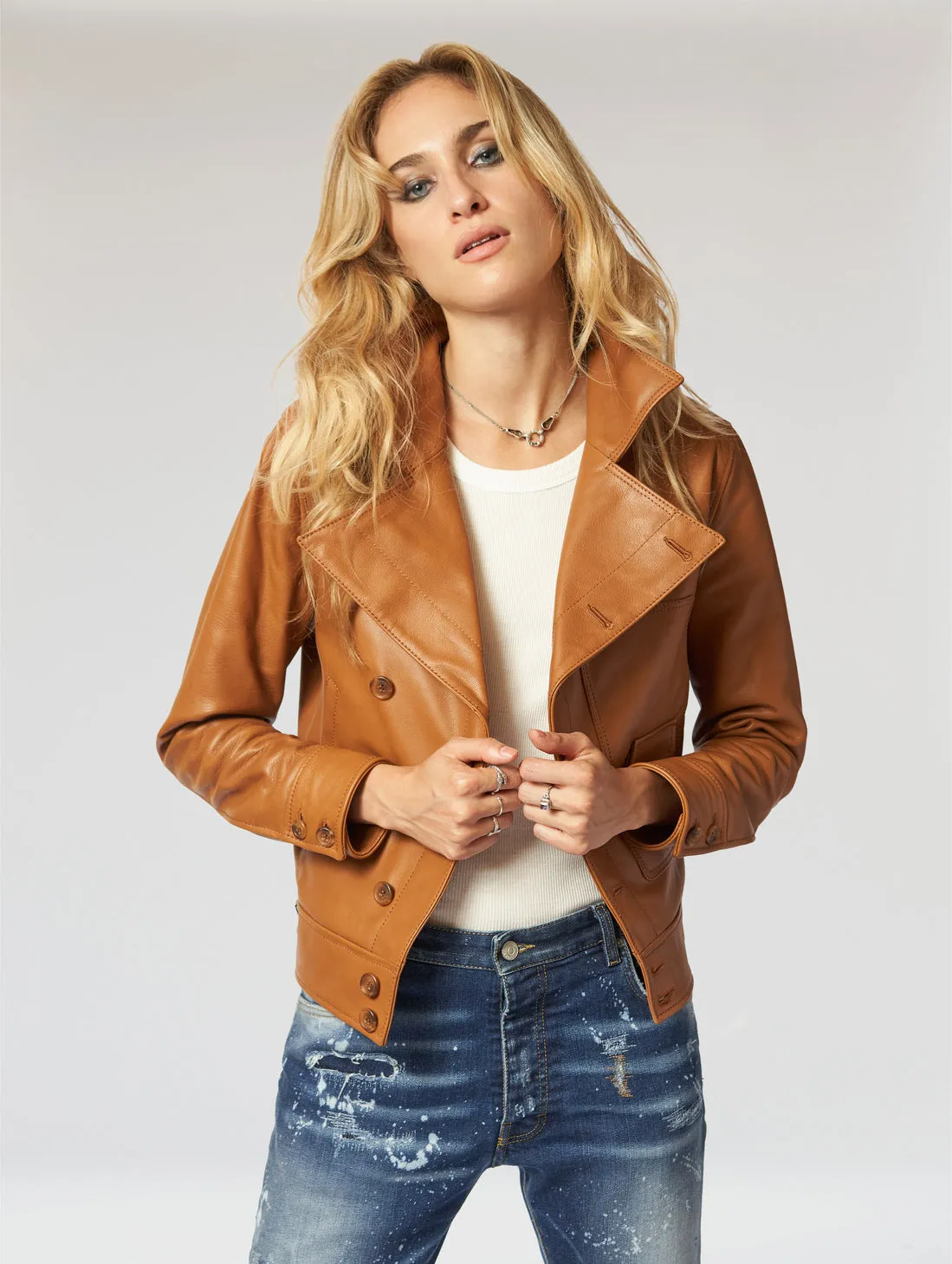 SUZIE BIKER LEATHER JACKET IN CAMEL- Woman