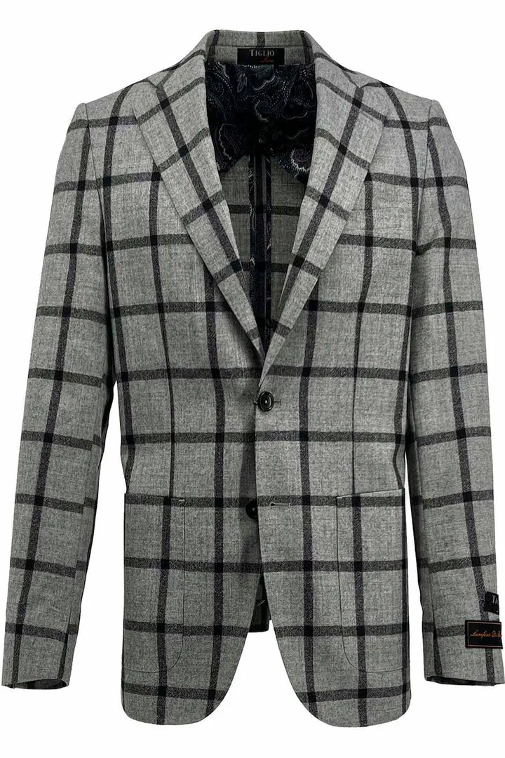 Tiglio Luxe Gray with Charcoal Windowpane Veneto/THP Slim Fit Half Lined, Pure Wool Jacket TL3322