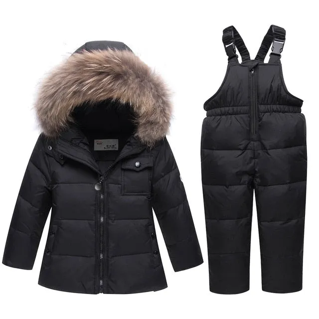 Toddler Snowsuits Jacket with Fur Overall Bib for Boys Girls