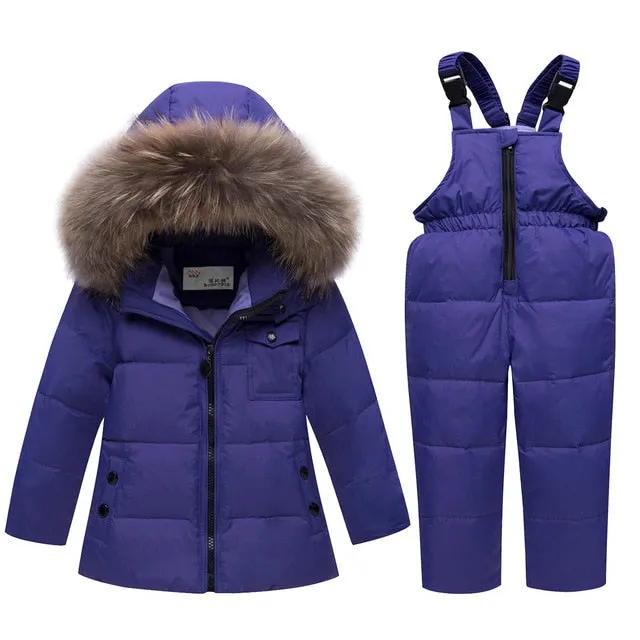 Toddler Snowsuits Jacket with Fur Overall Bib for Boys Girls