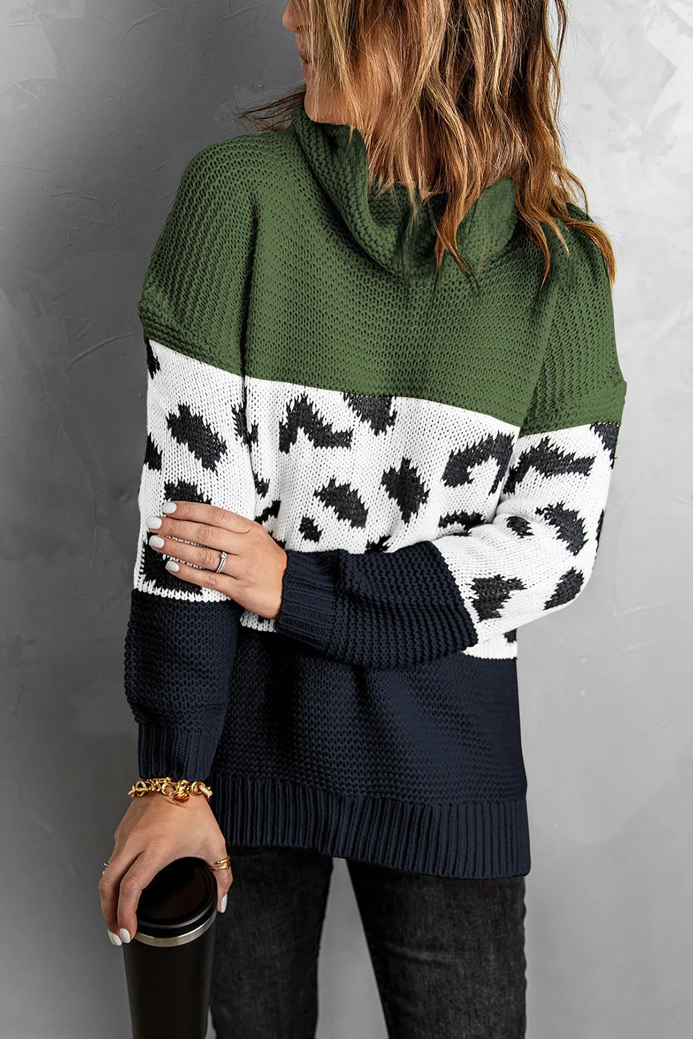 Turtleneck Splicing Chunky Knit Pullover Sweater