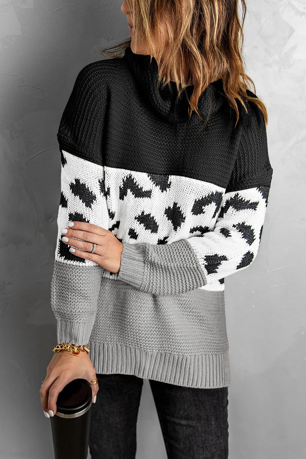 Turtleneck Splicing Chunky Knit Pullover Sweater