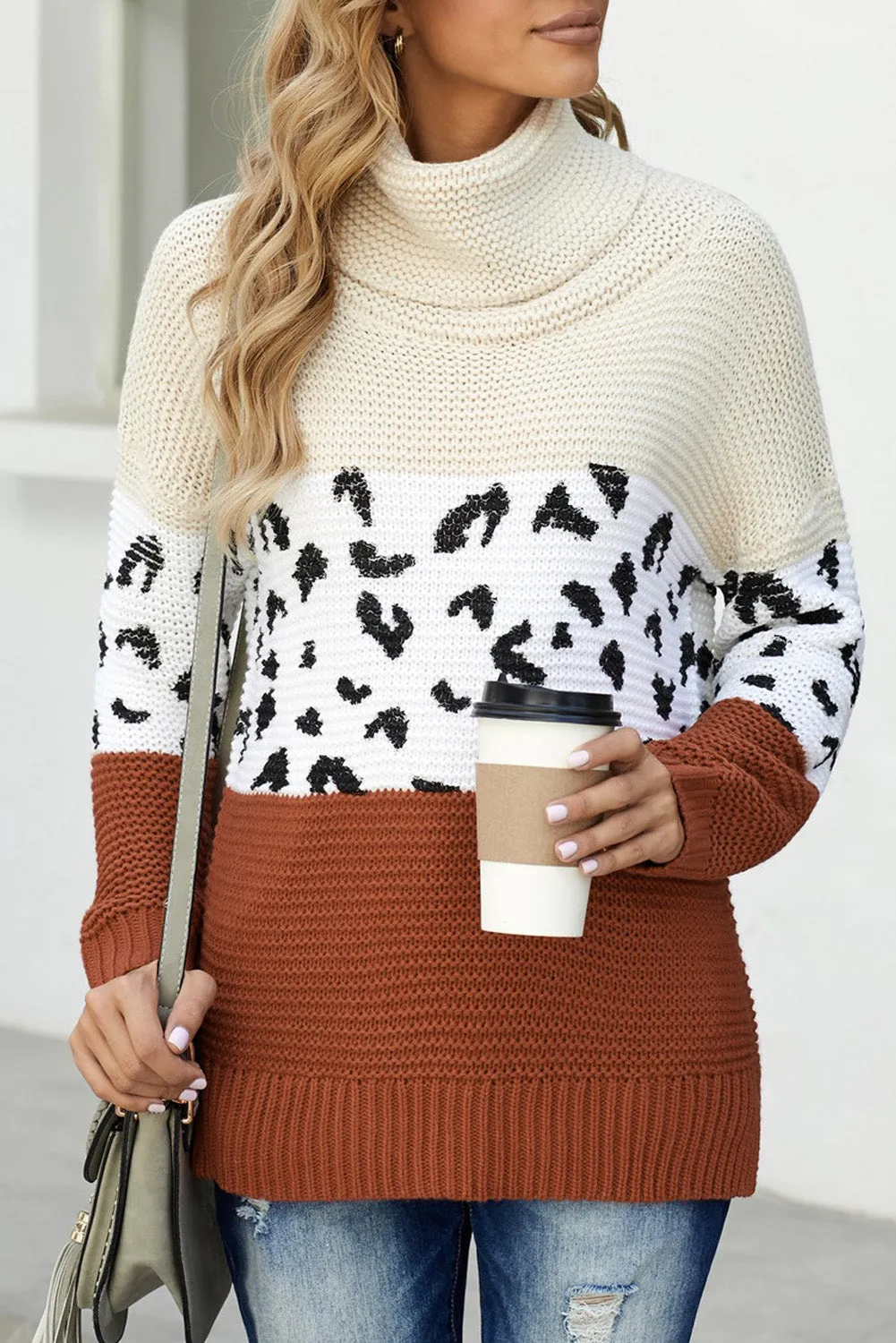 Turtleneck Splicing Chunky Knit Pullover Sweater