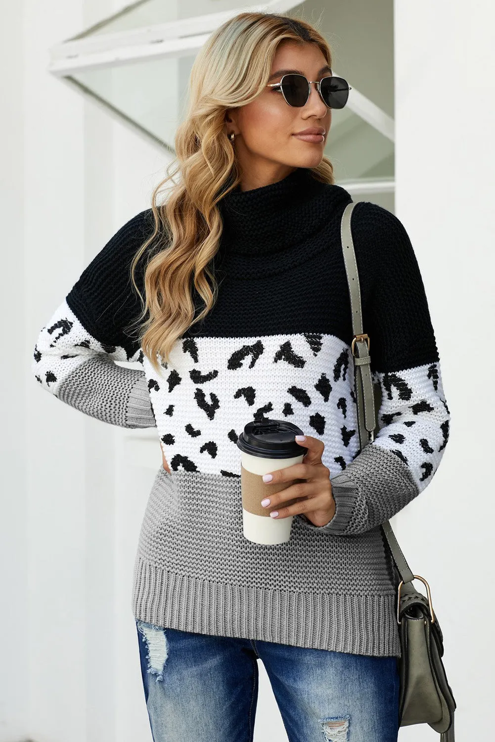Turtleneck Splicing Chunky Knit Pullover Sweater