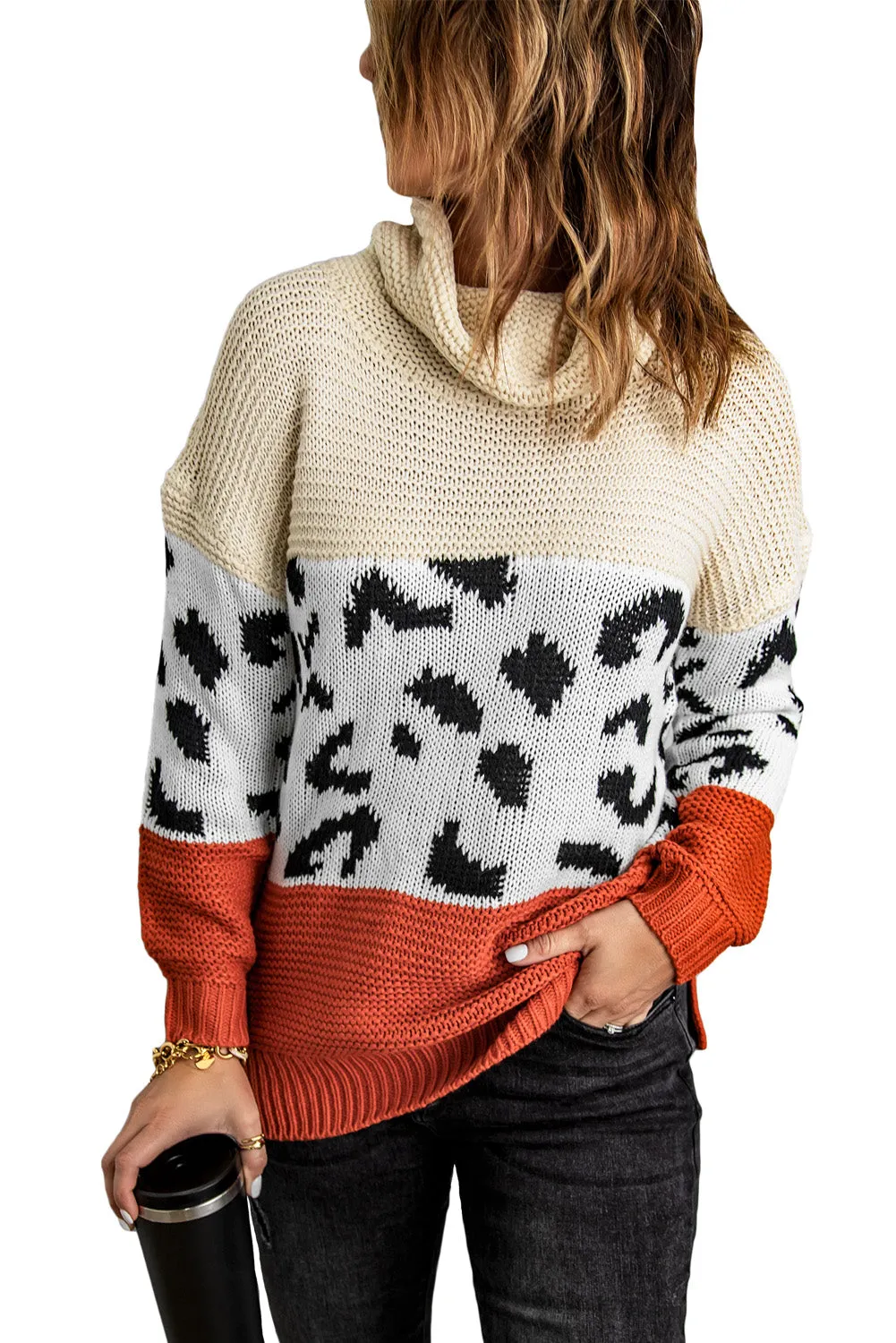 Turtleneck Splicing Chunky Knit Pullover Sweater