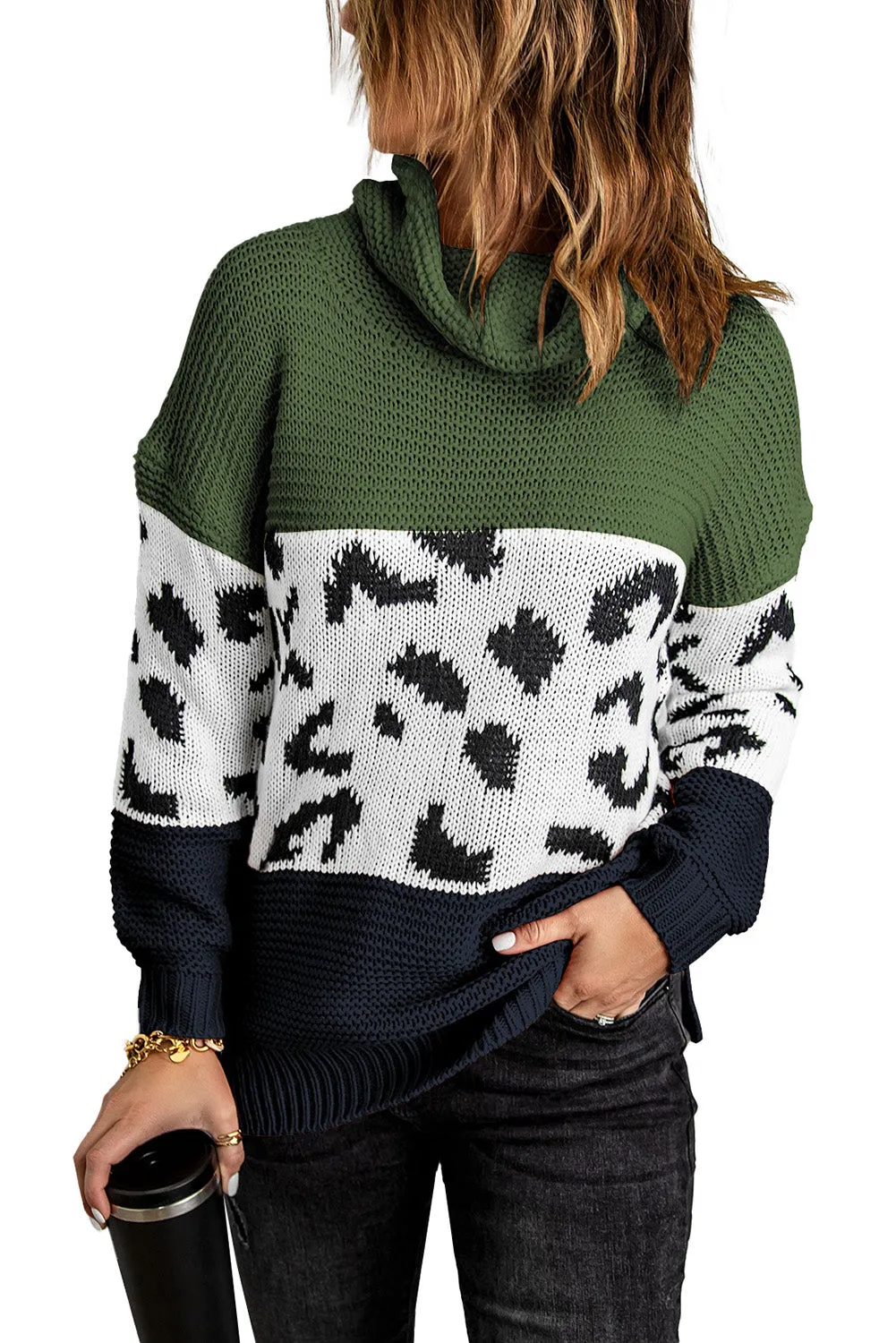 Turtleneck Splicing Chunky Knit Pullover Sweater