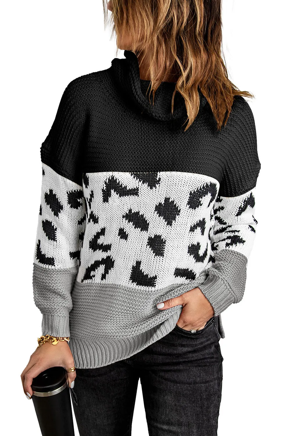 Turtleneck Splicing Chunky Knit Pullover Sweater