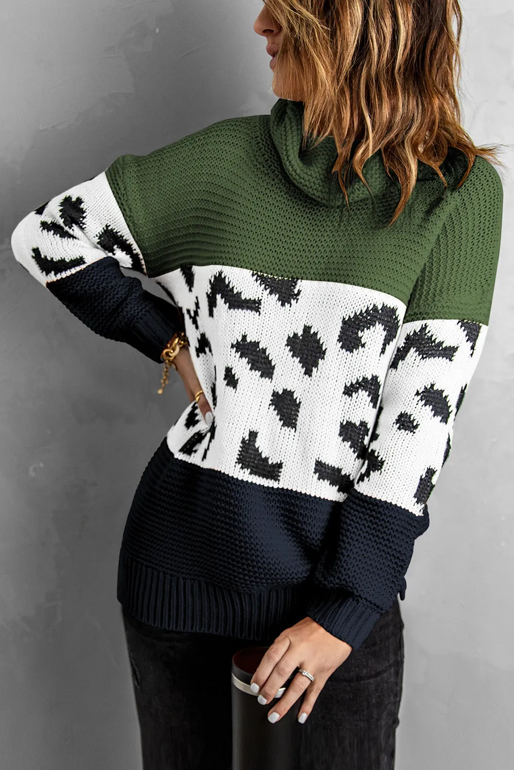 Turtleneck Splicing Chunky Knit Pullover Sweater