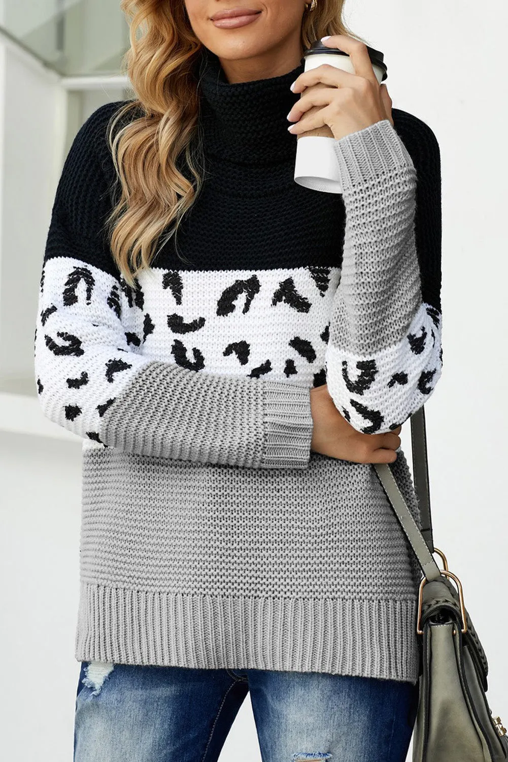 Turtleneck Splicing Chunky Knit Pullover Sweater