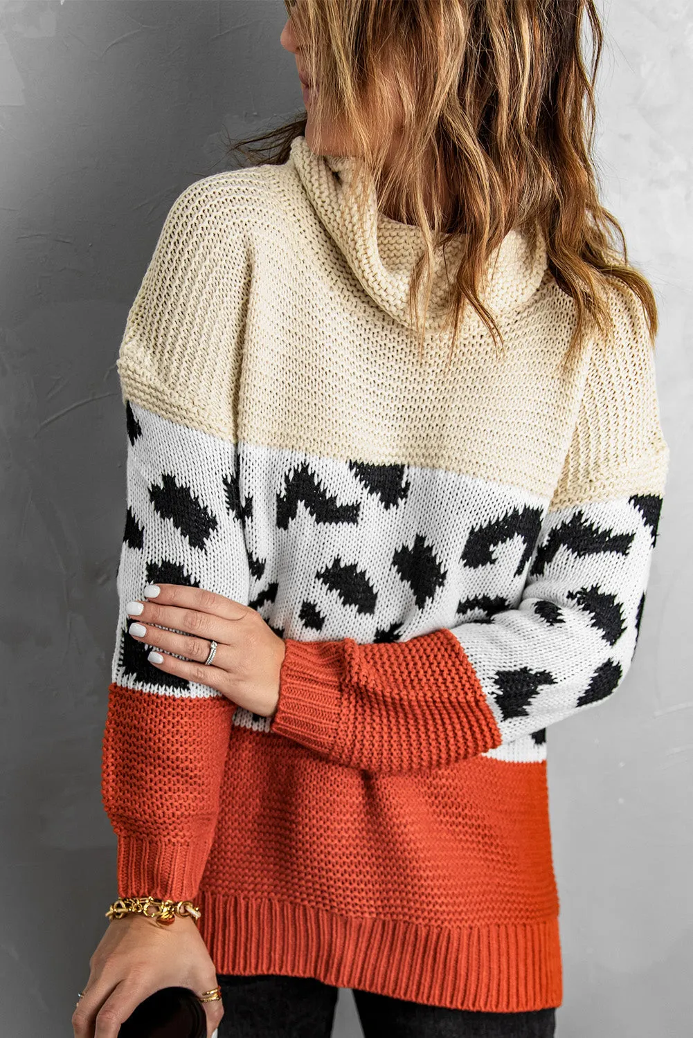 Turtleneck Splicing Chunky Knit Pullover Sweater