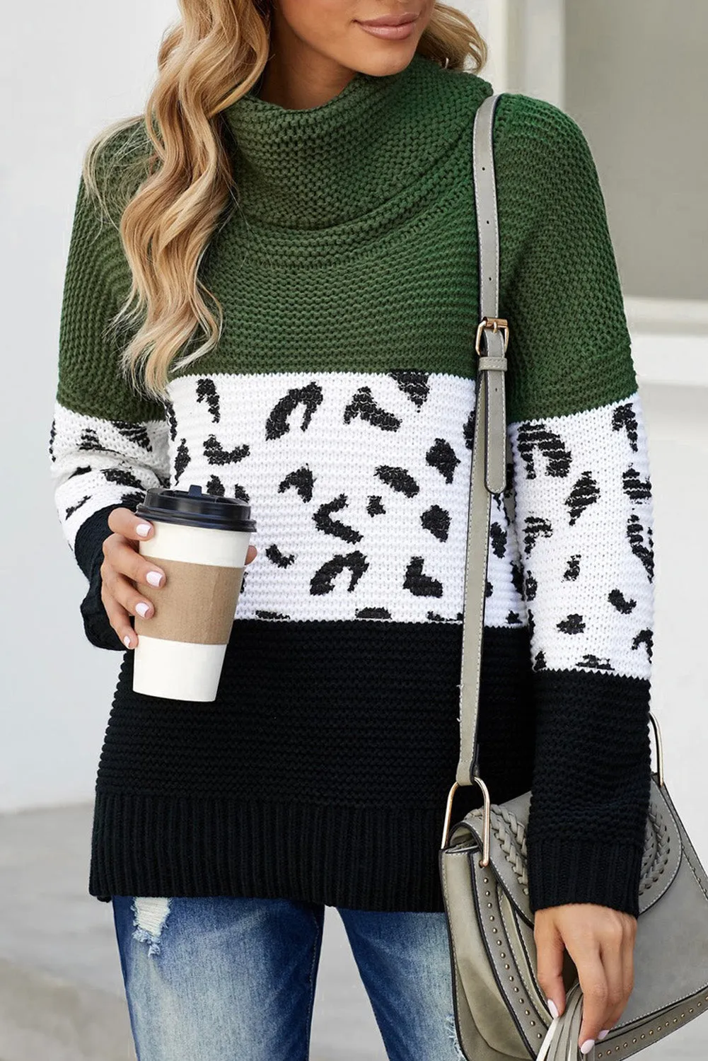 Turtleneck Splicing Chunky Knit Pullover Sweater