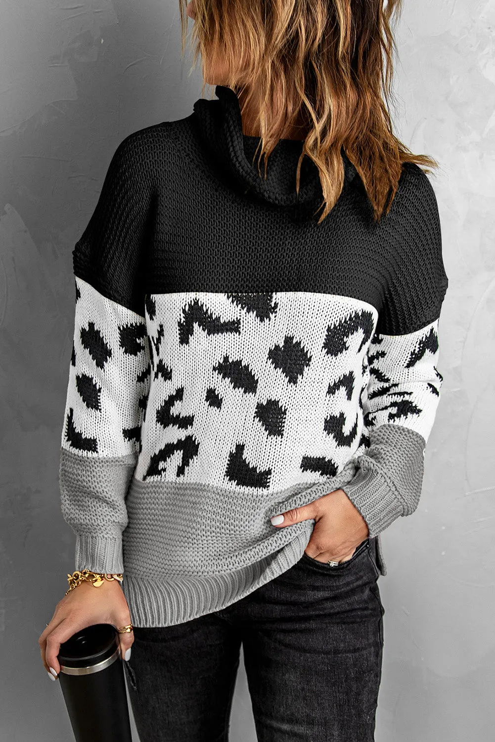 Turtleneck Splicing Chunky Knit Pullover Sweater