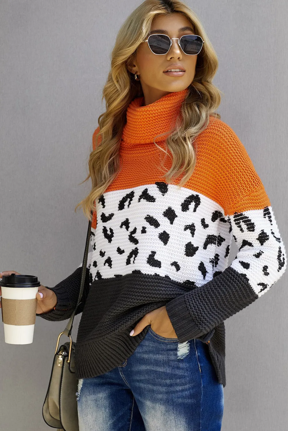 Turtleneck Splicing Chunky Knit Pullover Sweater