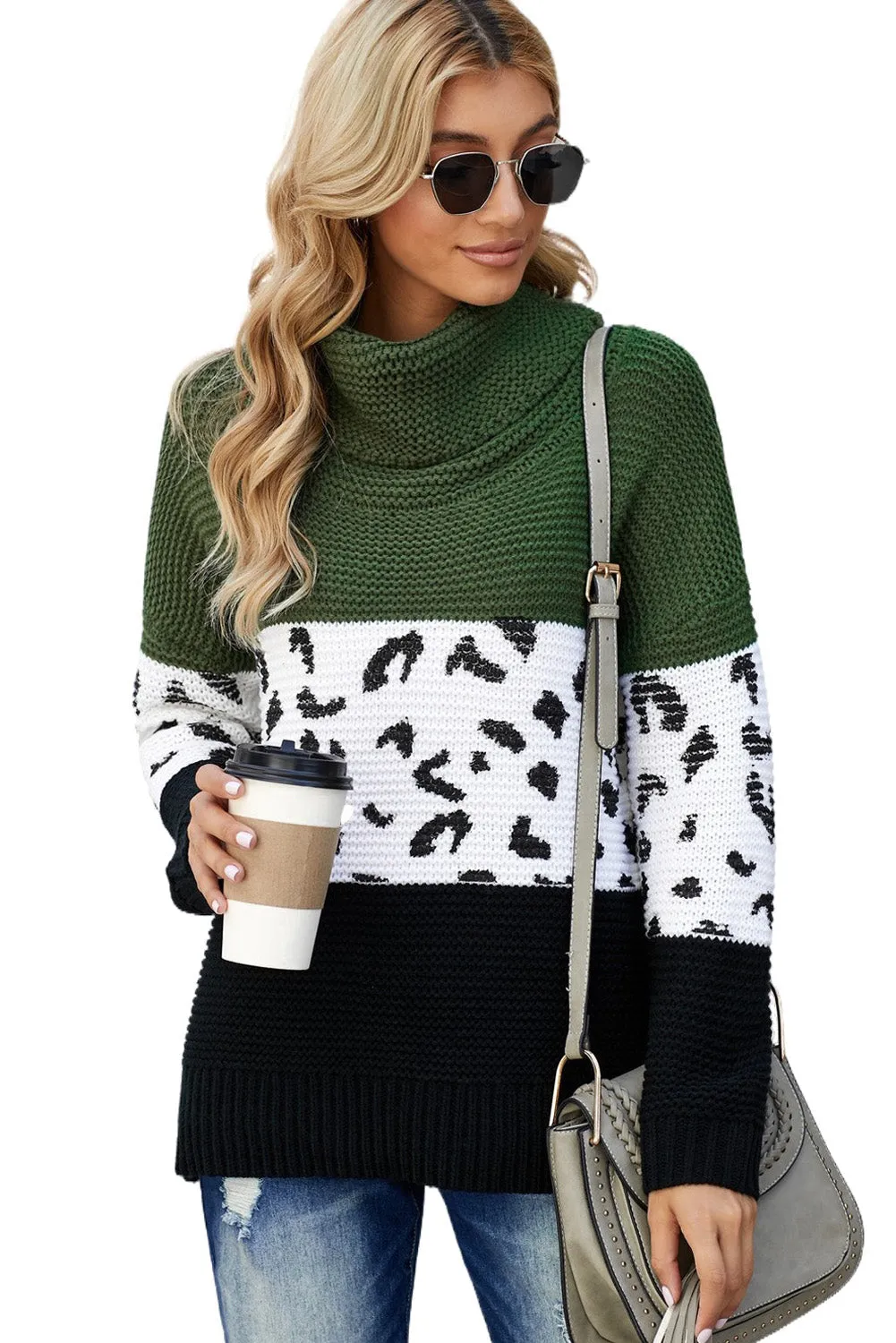 Turtleneck Splicing Chunky Knit Pullover Sweater