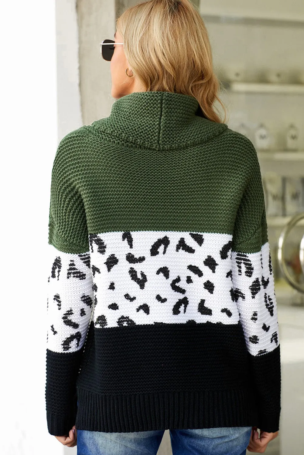 Turtleneck Splicing Chunky Knit Pullover Sweater