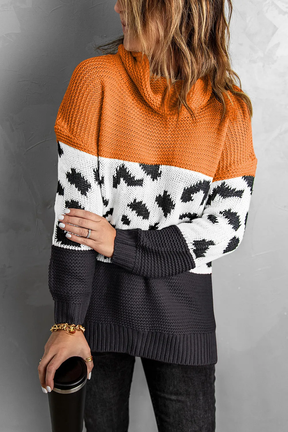 Turtleneck Splicing Chunky Knit Pullover Sweater