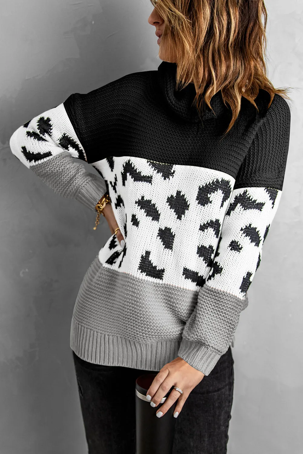 Turtleneck Splicing Chunky Knit Pullover Sweater