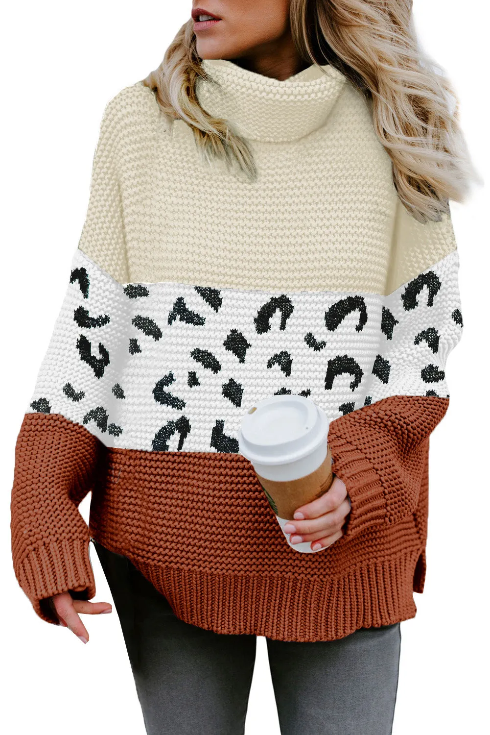 Turtleneck Splicing Chunky Knit Pullover Sweater