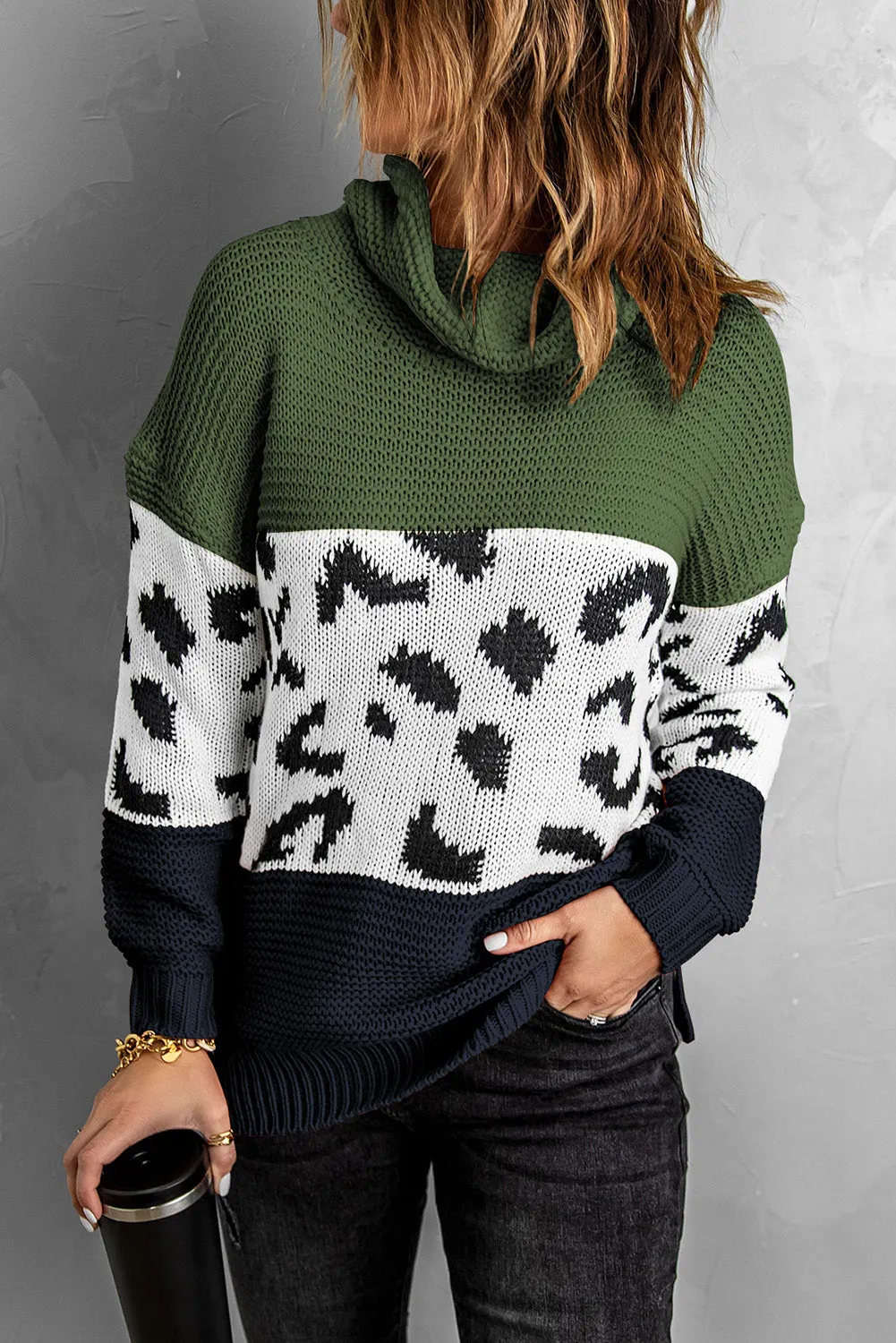 Turtleneck Splicing Chunky Knit Pullover Sweater
