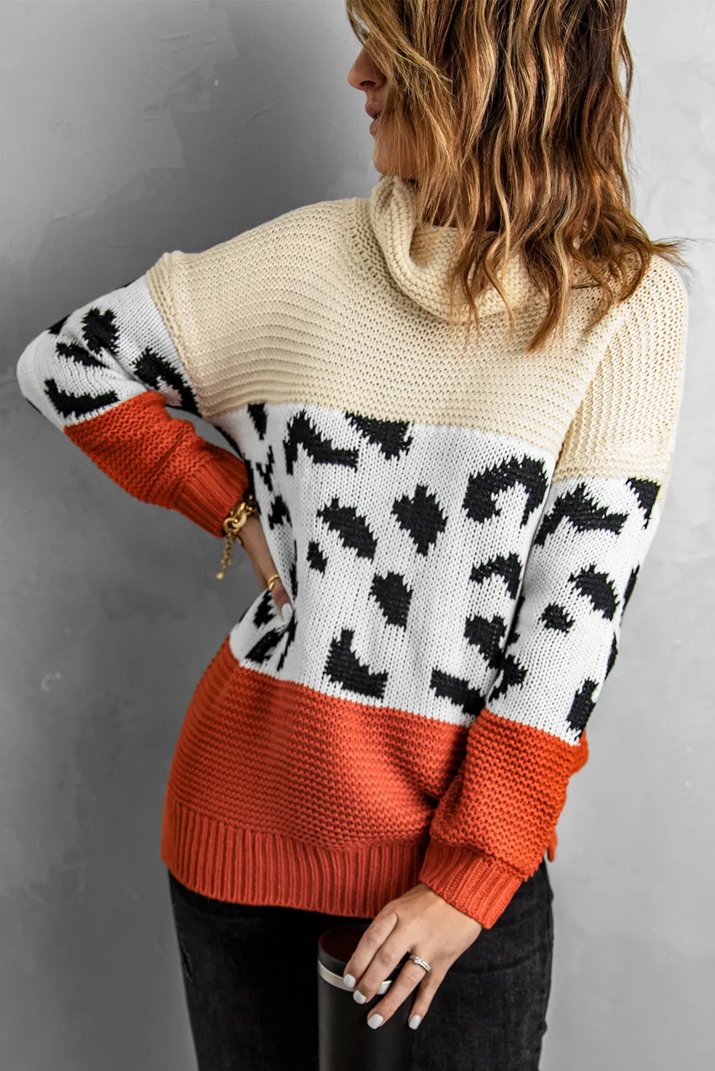 Turtleneck Splicing Chunky Knit Pullover Sweater