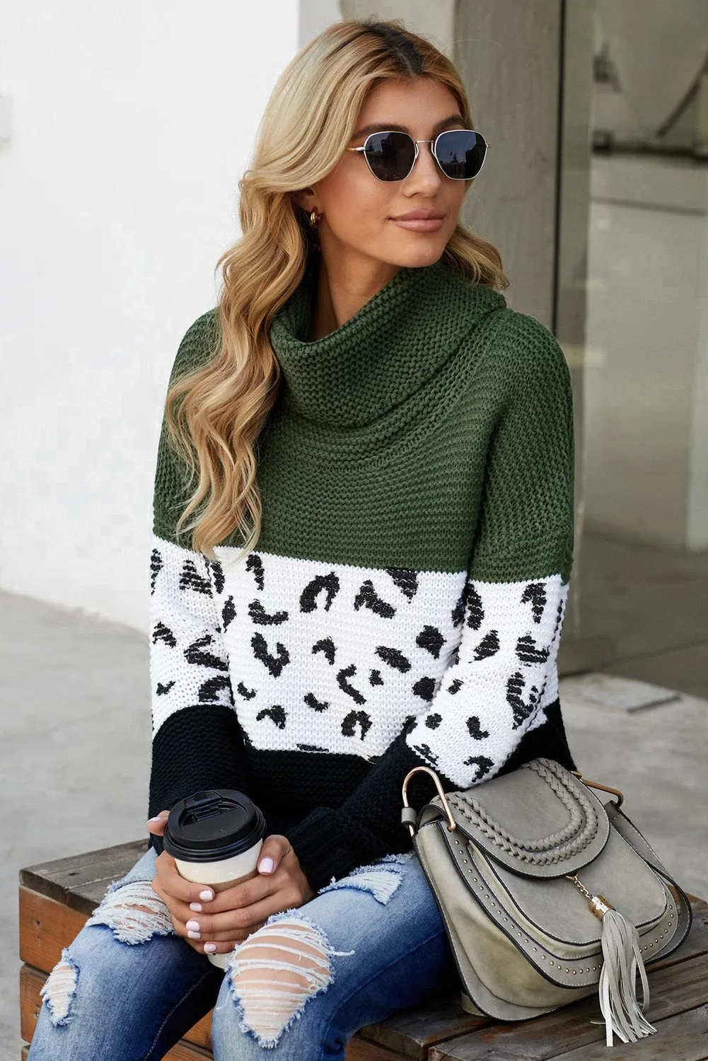 Turtleneck Splicing Chunky Knit Pullover Sweater