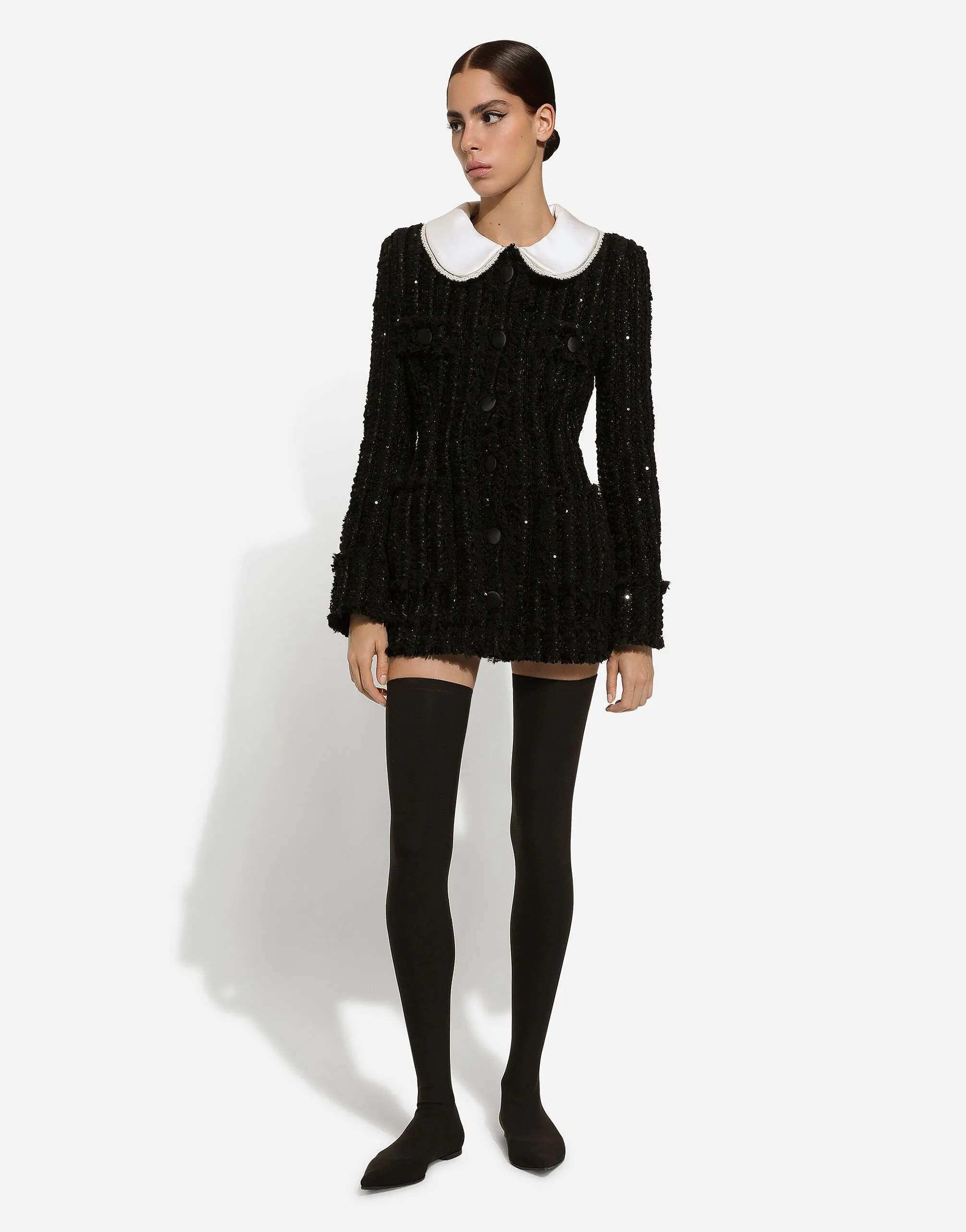 Tweed Jacket With Micro-Sequin Embellishment And Satin Collar