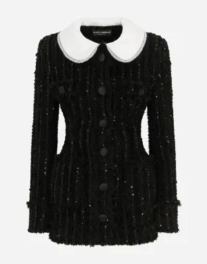 Tweed Jacket With Micro-Sequin Embellishment And Satin Collar