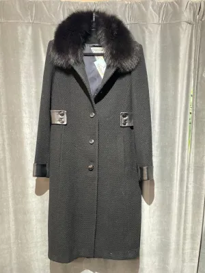 Vintage: Marvin Richards Black Wool Coat with Leather Cuffs and Detail and Faux Fur Coallr