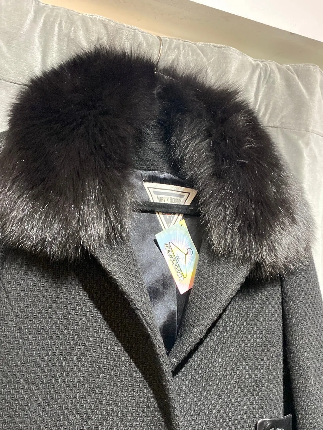 Vintage: Marvin Richards Black Wool Coat with Leather Cuffs and Detail and Faux Fur Coallr