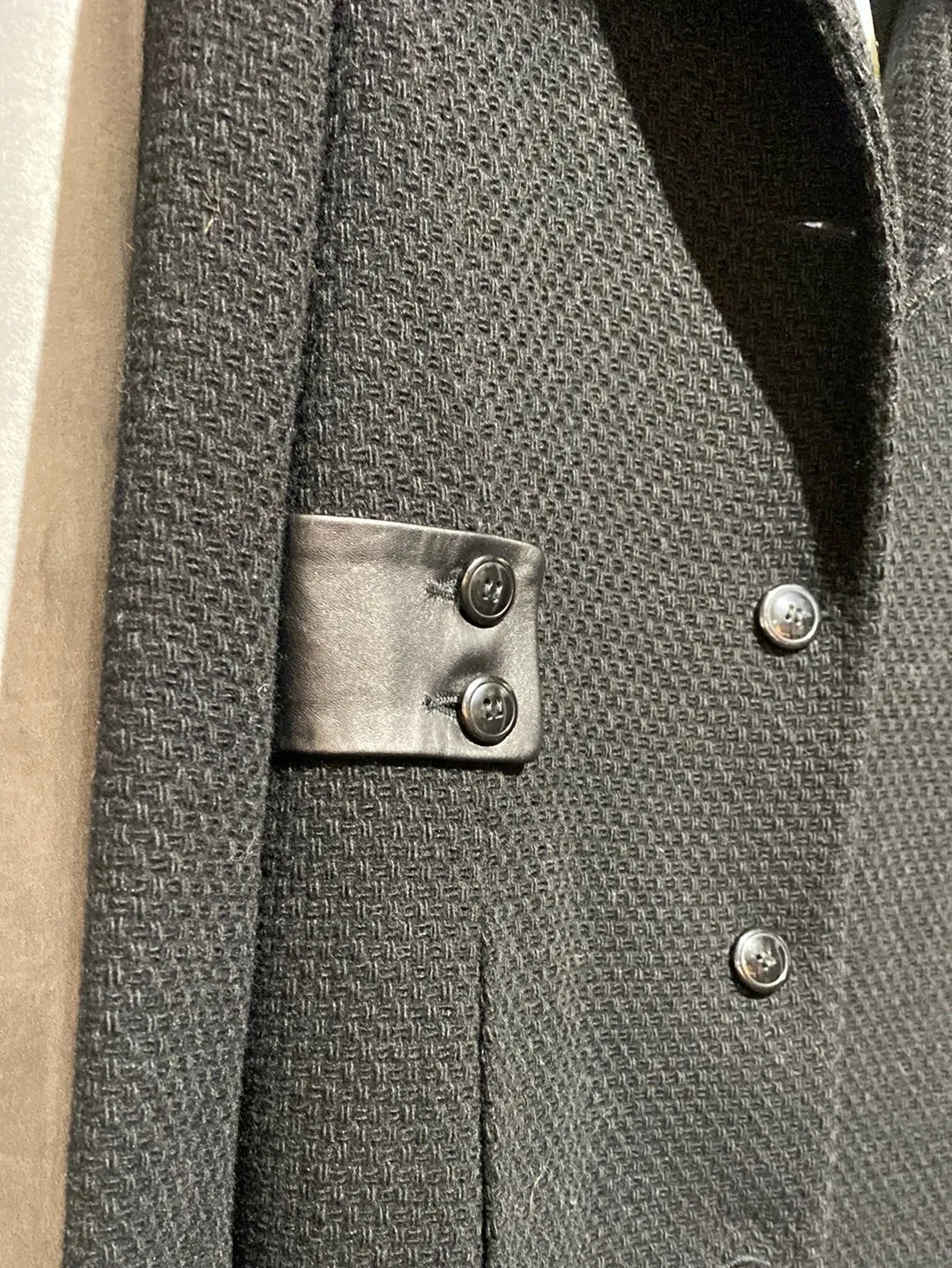 Vintage: Marvin Richards Black Wool Coat with Leather Cuffs and Detail and Faux Fur Coallr