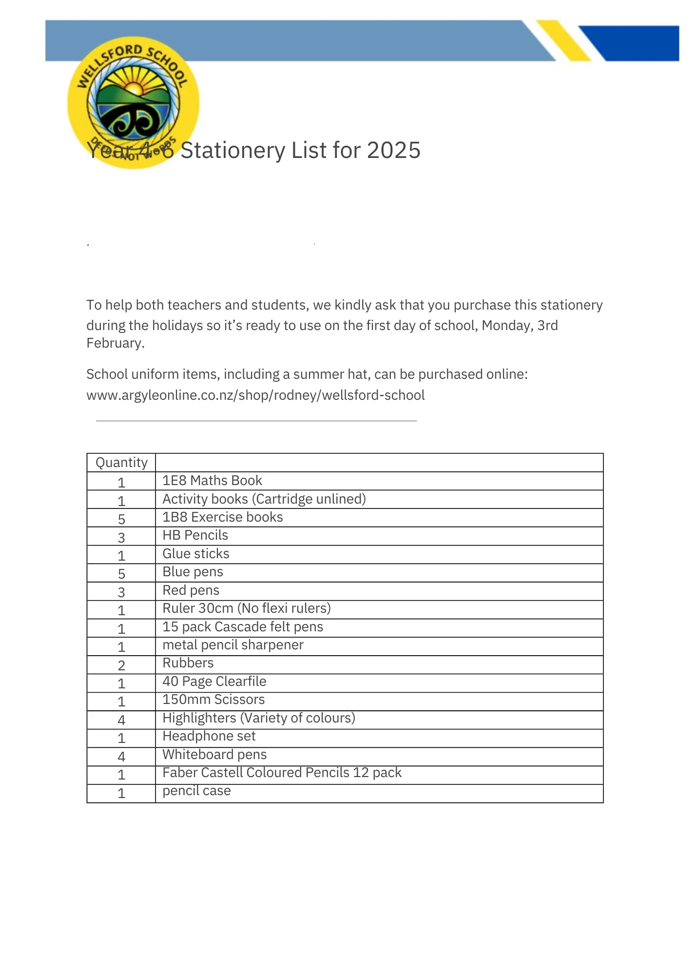 Wellsford School Stationery Pack 2025 Year 4, 5 & 6